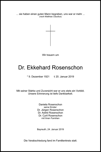 Anzeige von Dr. Ekkehard Rosenschon von Nordbayerischer Kurier