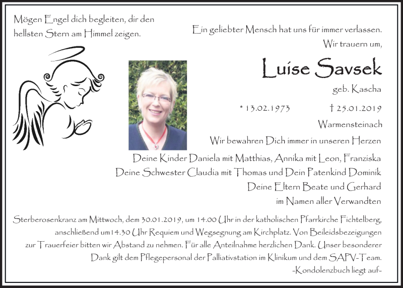  Traueranzeige für Luise Savsek vom 29.01.2019 aus Nordbayerischer Kurier