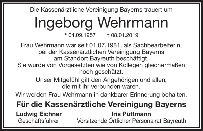  Traueranzeige für Ingeborg Wehrmann vom 11.01.2019 aus Nordbayerischer Kurier
