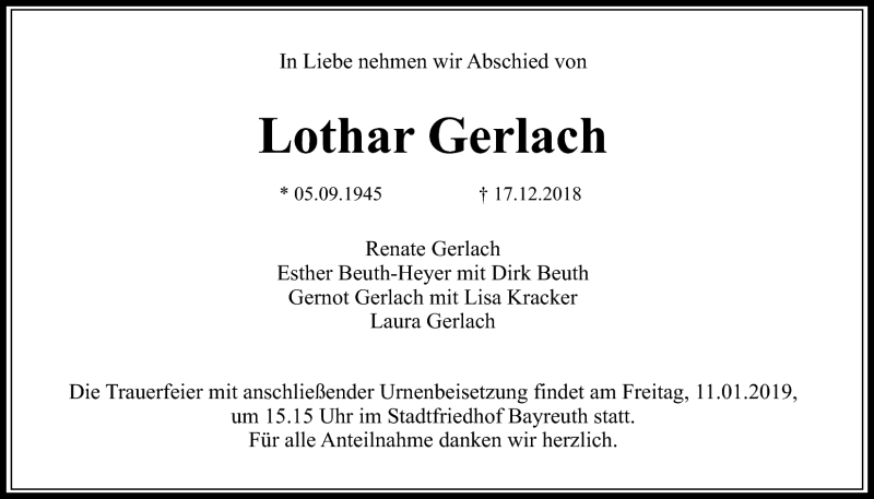  Traueranzeige für Lothar Gerlach vom 05.01.2019 aus Nordbayerischer Kurier