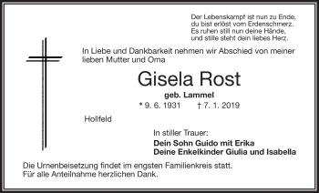 Anzeige von Gisela Rost von Nordbayerischer Kurier