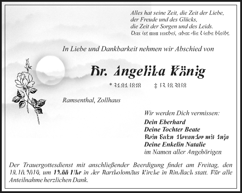  Traueranzeige für Angelika König vom 16.10.2019 aus Nordbayerischer Kurier