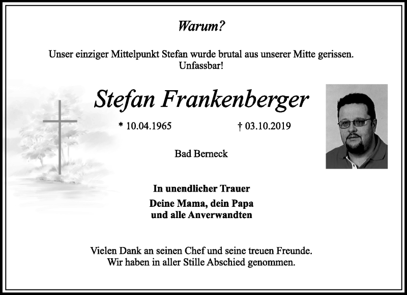  Traueranzeige für Stefan Frankenberger vom 18.10.2019 aus Nordbayerischer Kurier