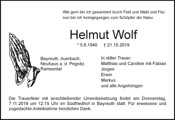 Anzeige von Helmut Wolf von Nordbayerischer Kurier