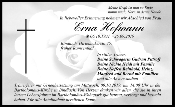 Anzeige von Erna Hofmann von Nordbayerischer Kurier