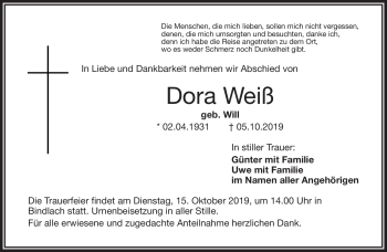 Anzeige von Dora Weiß von Nordbayerischer Kurier