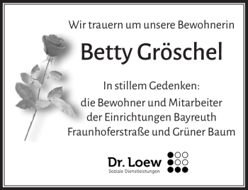 Anzeige von Betty Gröschel von Nordbayerischer Kurier