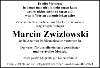 Anzeige von Marcin Zwizlowski von Nordbayerischer Kurier