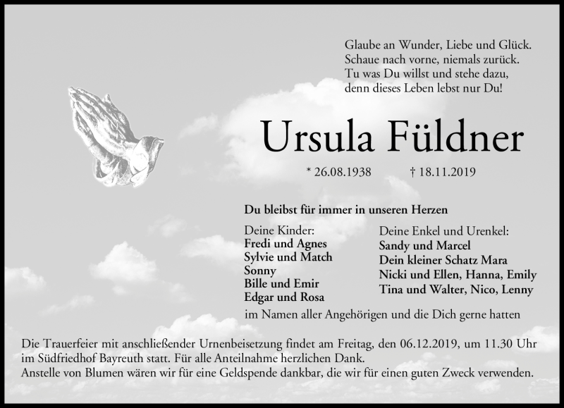  Traueranzeige für Ursula Füldner vom 30.11.2019 aus Nordbayerischer Kurier