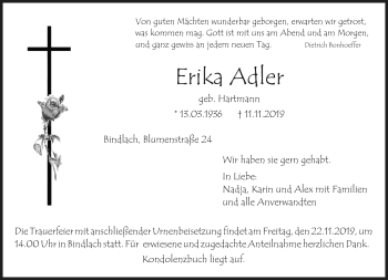 Anzeige von Erika Adler von Nordbayerischer Kurier