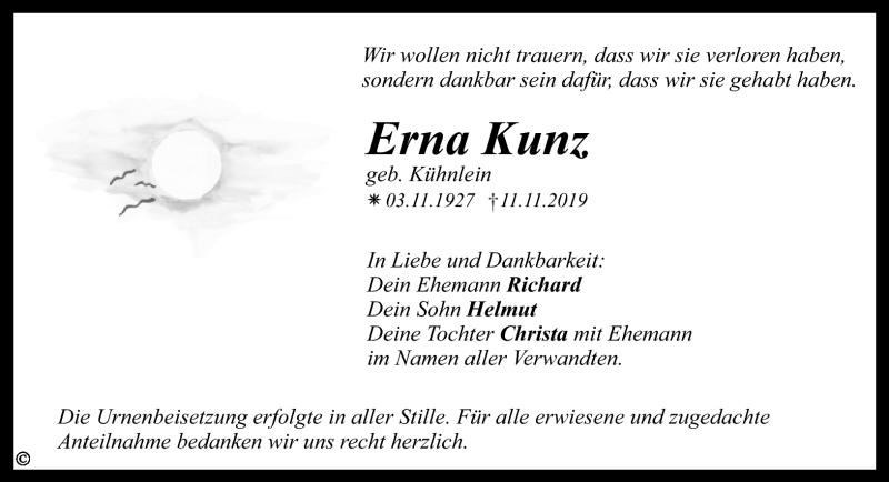  Traueranzeige für Erna Kunz vom 30.11.2019 aus Nordbayerischer Kurier