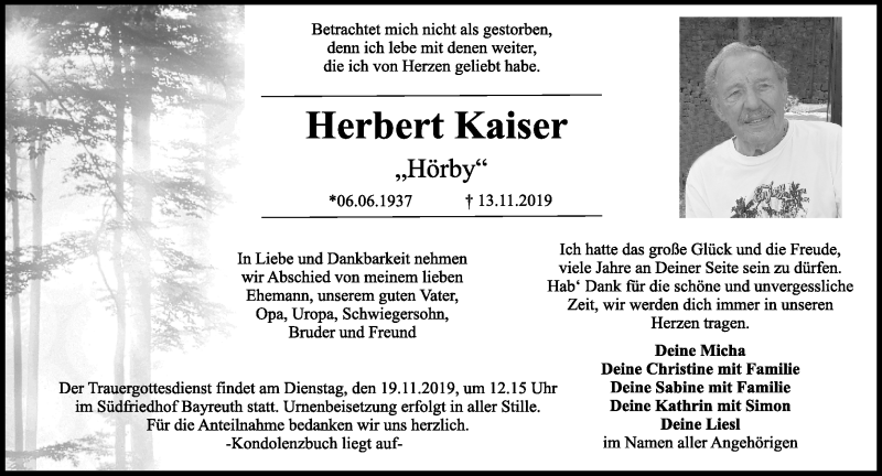  Traueranzeige für Herbert Kaiser vom 16.11.2019 aus Nordbayerischer Kurier