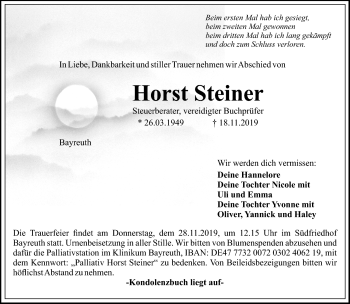 Anzeige von Horst Steiner von Nordbayerischer Kurier