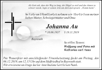 Anzeige von Johanna Au von Nordbayerischer Kurier