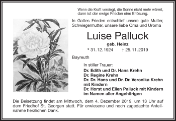 Anzeige von Luise Palluck von Nordbayerischer Kurier