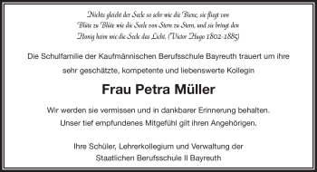 Anzeige von Petra Müller von Nordbayerischer Kurier