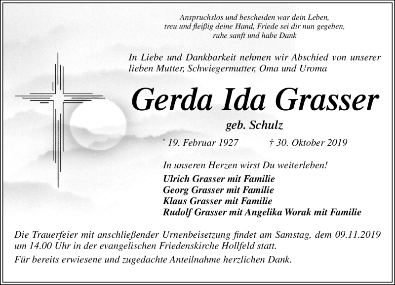  Traueranzeige für Gerda Ida Grasser vom 07.11.2019 aus Nordbayerischer Kurier