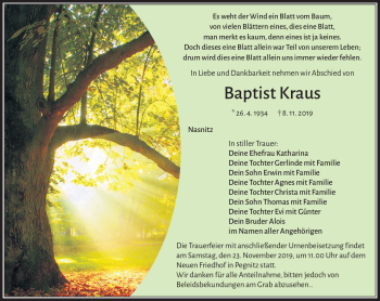 Anzeige von Baptist Kraus von Nordbayerischer Kurier