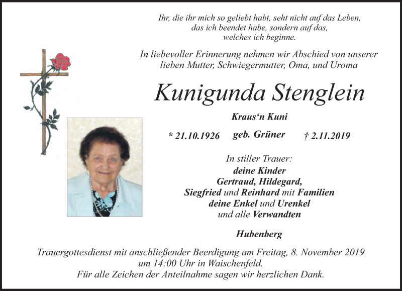  Traueranzeige für Kunigunda Stenglein vom 07.11.2019 aus Nordbayerischer Kurier