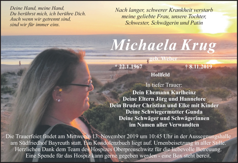  Traueranzeige für Michaela Krug vom 12.11.2019 aus Nordbayerischer Kurier