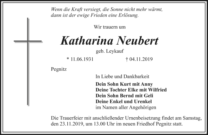  Traueranzeige für Katharina Neubert vom 20.11.2019 aus Nordbayerischer Kurier