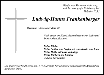 Anzeige von Ludwig-Hanns Frankenberger von Nordbayerischer Kurier