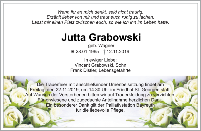  Traueranzeige für Jutta Grabowski vom 16.11.2019 aus Nordbayerischer Kurier