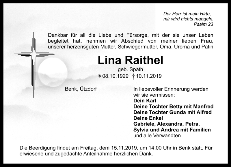  Traueranzeige für Lina Raithel vom 13.11.2019 aus Nordbayerischer Kurier