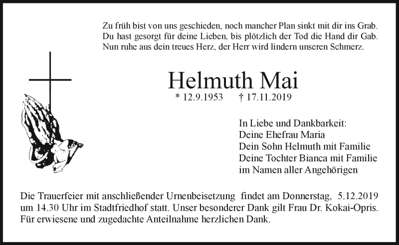  Traueranzeige für Helmut Mai vom 30.11.2019 aus Nordbayerischer Kurier
