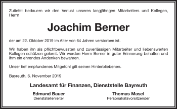 Anzeige von Joachim Berner von Nordbayerischer Kurier