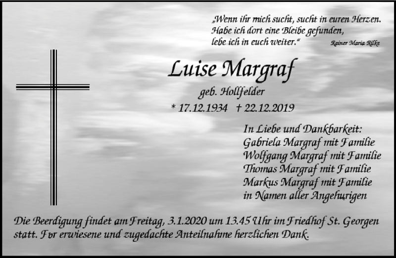  Traueranzeige für Luise Margraf vom 28.12.2019 aus Nordbayerischer Kurier