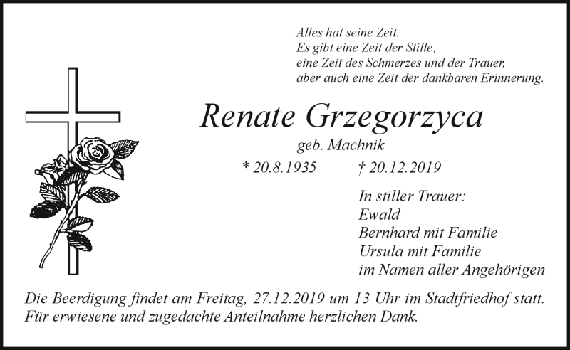  Traueranzeige für Renate Grzegorzyca vom 24.12.2019 aus Nordbayerischer Kurier