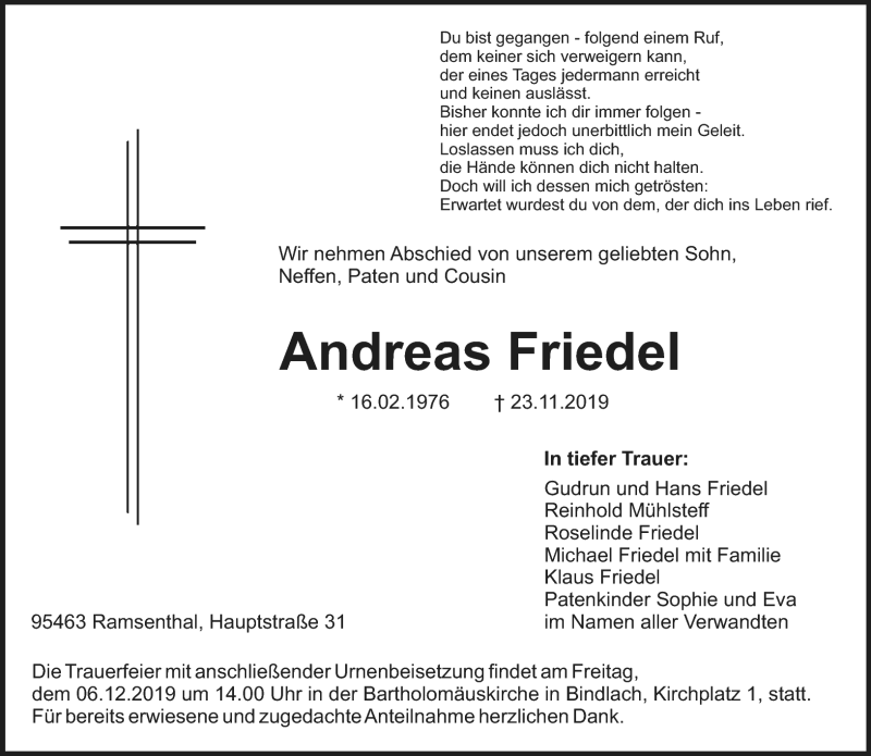  Traueranzeige für Andreas Friedel vom 03.12.2019 aus Nordbayerischer Kurier