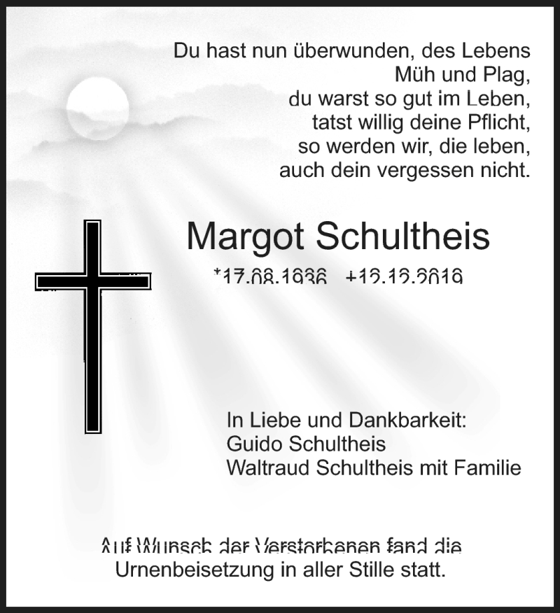  Traueranzeige für Margot Schultheis vom 27.12.2019 aus Nordbayerischer Kurier
