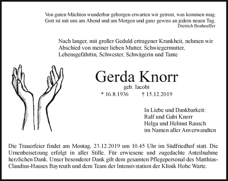  Traueranzeige für Gerda Knorr vom 18.12.2019 aus Nordbayerischer Kurier