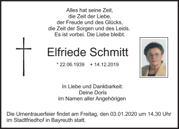 Anzeige von Elfriede Schmitt von Nordbayerischer Kurier