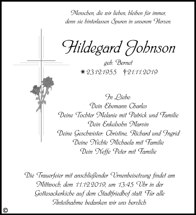  Traueranzeige für Hildegard Johnson vom 07.12.2019 aus Nordbayerischer Kurier