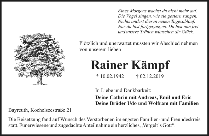  Traueranzeige für Rainer Kämpf vom 21.12.2019 aus Nordbayerischer Kurier