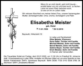 Anzeige von Elisabetha Meister von Nordbayerischer Kurier