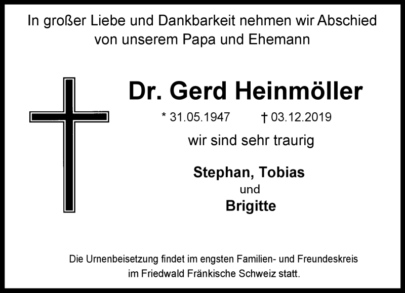  Traueranzeige für Dr. Gerd Heinmöller vom 11.12.2019 aus Nordbayerischer Kurier
