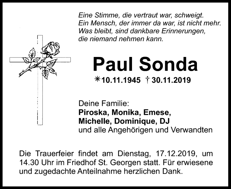  Traueranzeige für Paul Sonda vom 11.12.2019 aus Nordbayerischer Kurier