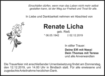 Anzeige von Renate Licha von Nordbayerischer Kurier