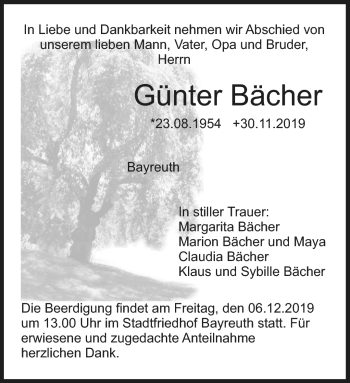 Anzeige von Günter Bächer von Nordbayerischer Kurier