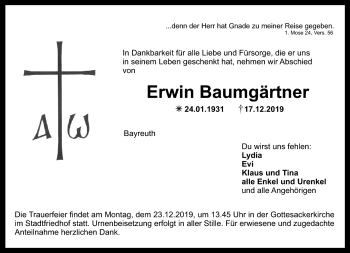 Anzeige von Erwin Baumgärtner von Nordbayerischer Kurier