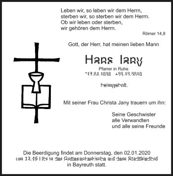 Anzeige von Hans Jany von Nordbayerischer Kurier
