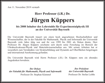 Anzeige von Jürgen Küppers von Nordbayerischer Kurier