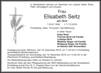 Anzeige von Elisabeth Seitz von Nordbayerischer Kurier