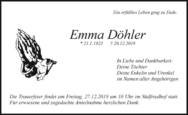  Traueranzeige für Emma Döhler vom 21.12.2019 aus Nordbayerischer Kurier