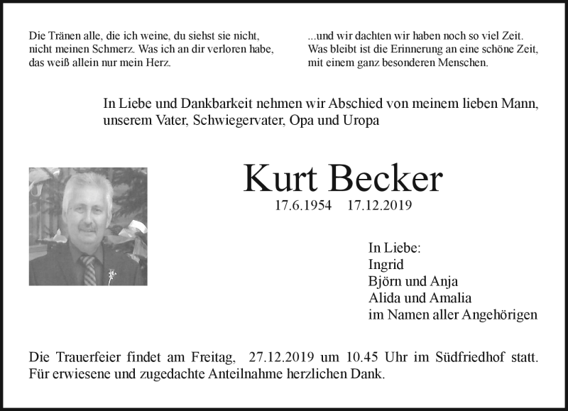  Traueranzeige für Kurt Becker vom 21.12.2019 aus Nordbayerischer Kurier