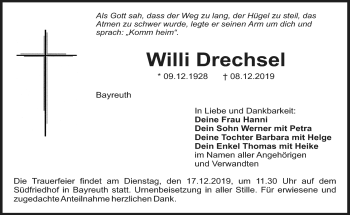 Anzeige von Willi Drechsel von Nordbayerischer Kurier